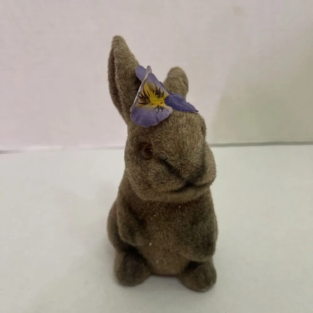 Vtg Flocked Fuzzy Brown Bunny Rabbit Animal Figure Coin Bank Piggy Bank Pansy 6”